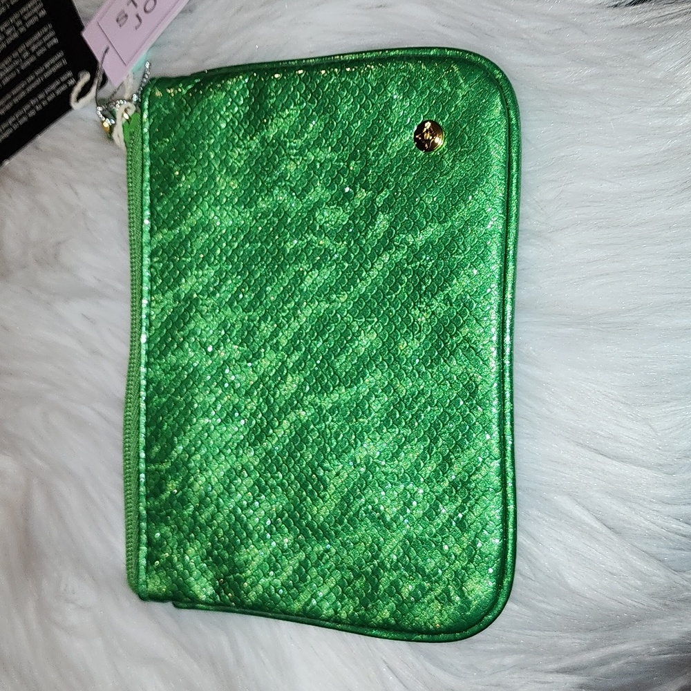 New Stephanie Johnson Metallic Green Flat Mini Pouch, NWT